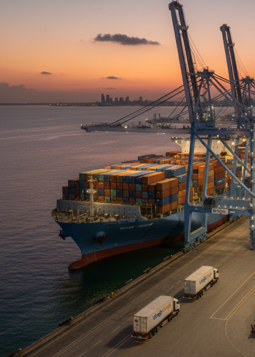 A container ship being loaded in a port